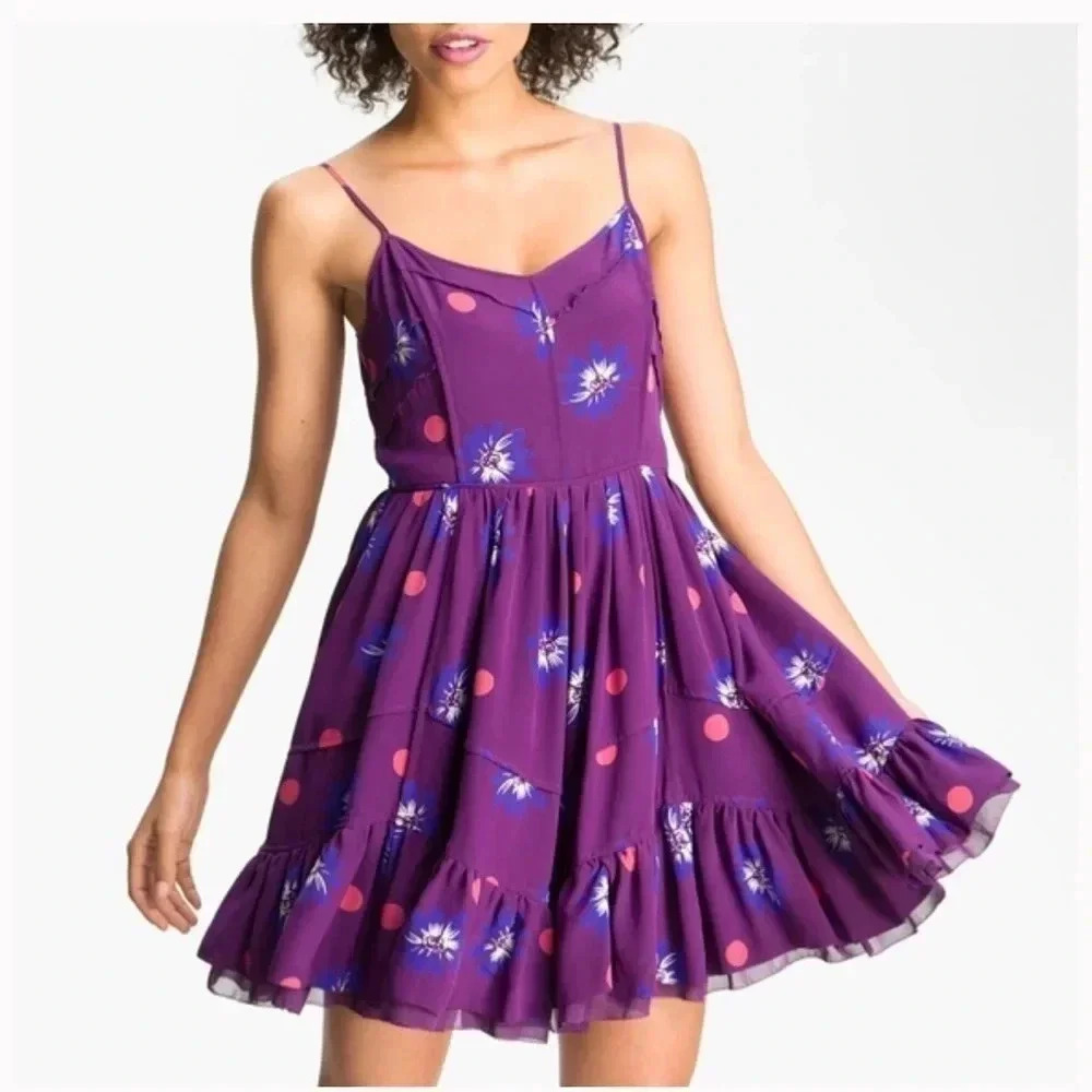 JUICY COUTURE Polka Dot Purple Silk Ruffle Dress size 0